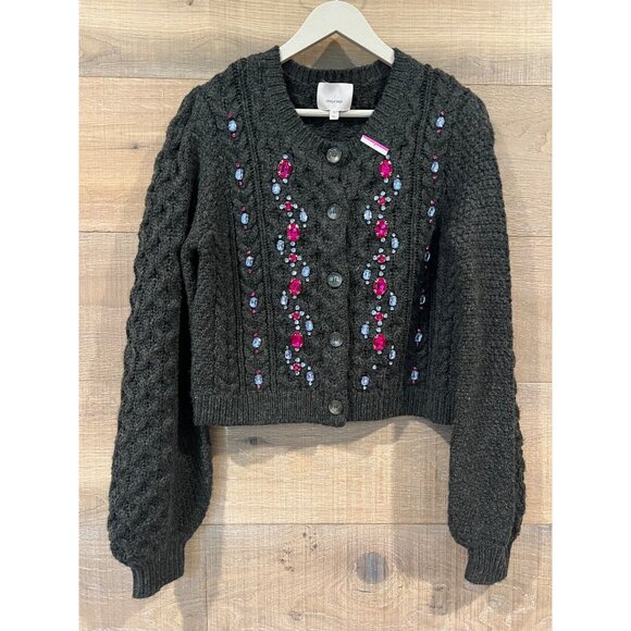 Cinq à Sept - Joelle Embellished Cable Cardigan - Charcoal/Fuchsia size XS - Picture 4 of 10